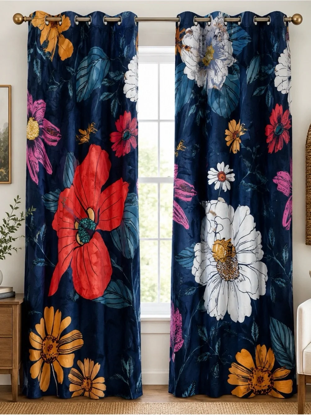Velvet Grommet Curtains in Navy with Multicolor Floral Pattern